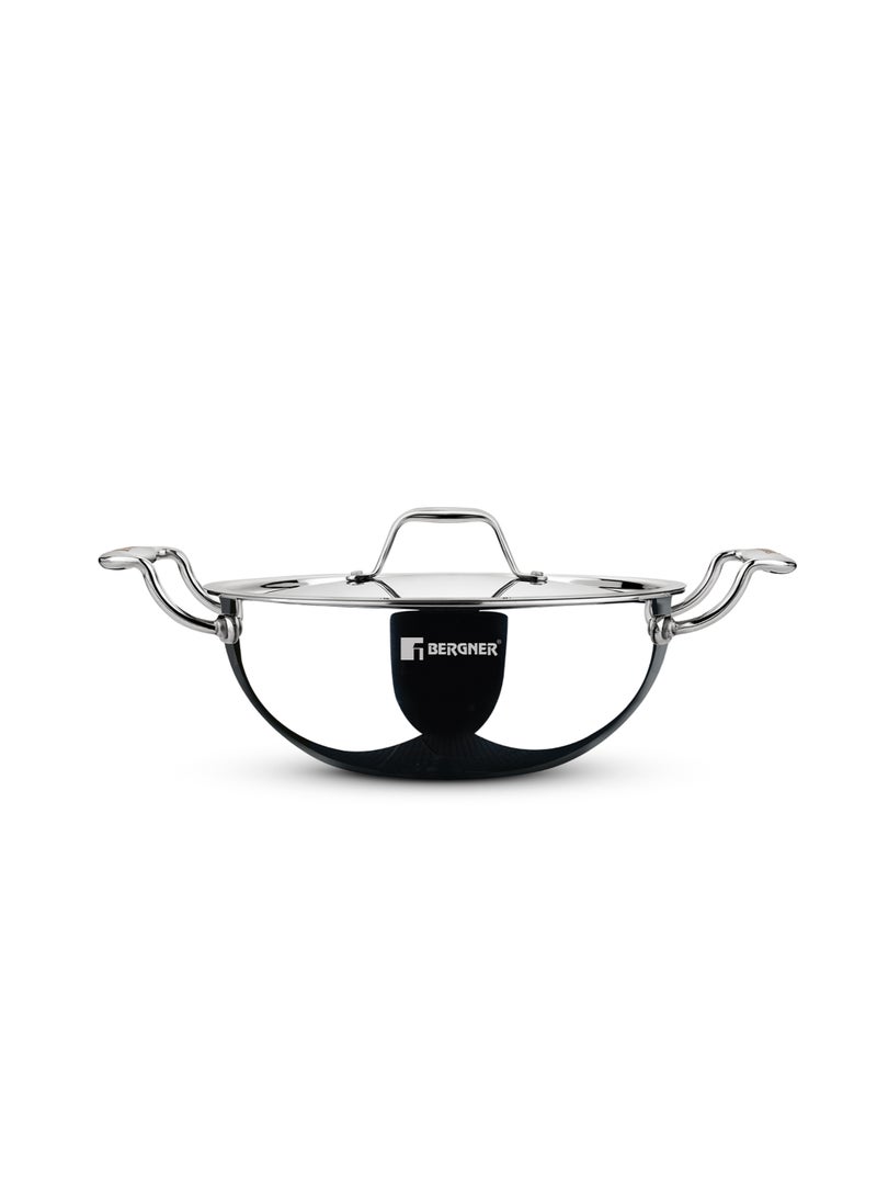 Bergner Argent 34cm (9.1L) Tri-Ply Stainless Steel Deep Stir-Fry Pan, Multipurpose Curry Pan with Lid, Less Oil Use Healthy Cooking, Food Safe, Stay-Cool Handles, Induction & Gas Stove Compatible - Image 1